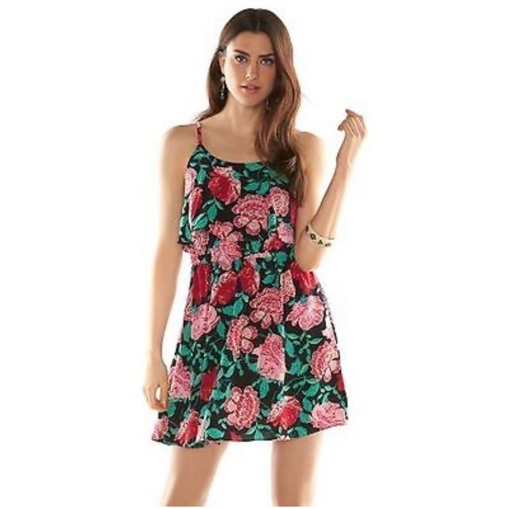 🦋 Elle Black Red Green Pink Floral Rose Tank Top Mini Dress Large